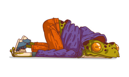 burnout. Humanized frog in depression, vector illustration. Tired anthropomorphic frog, lying powerless on the ground, with his hands by his sides. Animal character with human body.のイラスト素材