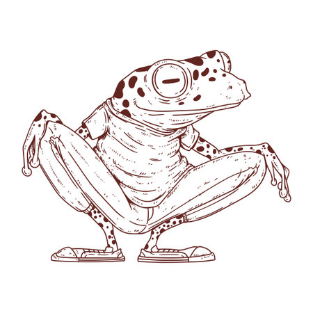 A hooligan frog, outline vector illustration. A calm anthropomorphic frog sitting on his haunches and observing what is happening. Sketch-drawn humanized toad. An animal character with a human body.のイラスト素材