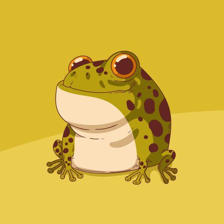Funny cartoon frog. Cute smiling frog, vector illustration. Calm sitting frog. children book...