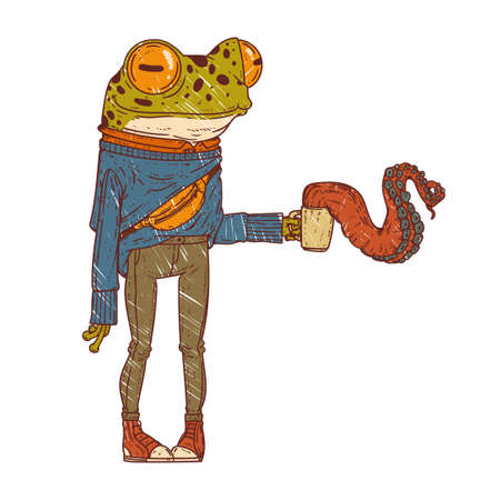 A frog with a spoiled latte, quirky vector illustration. Sketch-drawn anthropomorphic frog holding a cup of coffee with a huge tentacle climbing out of it. Hipster animal character with a human body.のイラスト素材