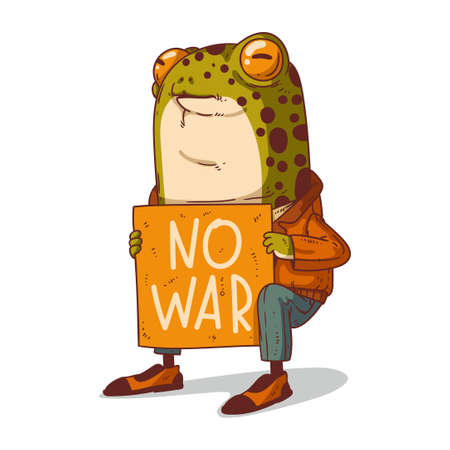 A Frog against War, isolated vector illustration. Anthropomorphic frog, holding NO WAR banner. An animal character with the human body. antiwar poster. Pacifist demonstration. peaceful protest.のイラスト素材