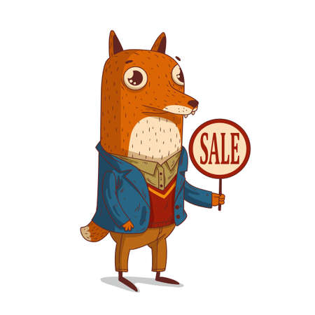 A Fox with a SALE Sign, vector illustration. Anthropomorphic Fox, holding a circle SALE banner. An animal character with a human body. promoter. Advertisement. social media post templateのイラスト素材