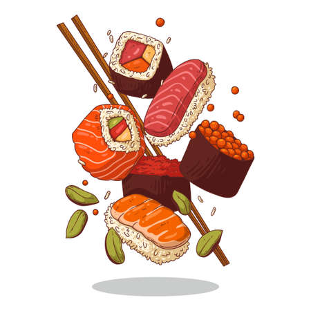 Sushi set isolated vector. Colored illustration of delicious sushi and rolls set with chopsticks in motion on white background.のイラスト素材