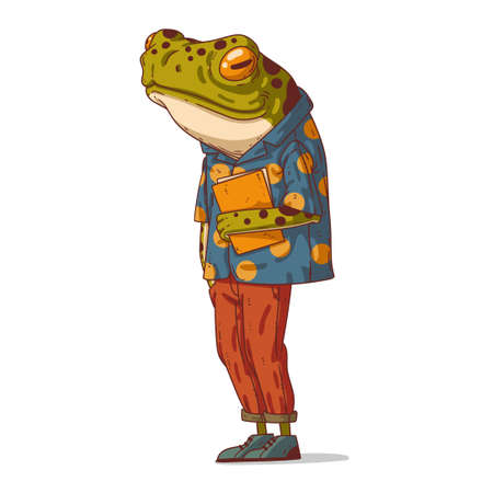 Young Hipster Frog holding papers, vector illustration. Casually dressed anthropomorphic frog. humanized toad. inspector. post employee. a courier. A student. An animal character with a human bodyのイラスト素材