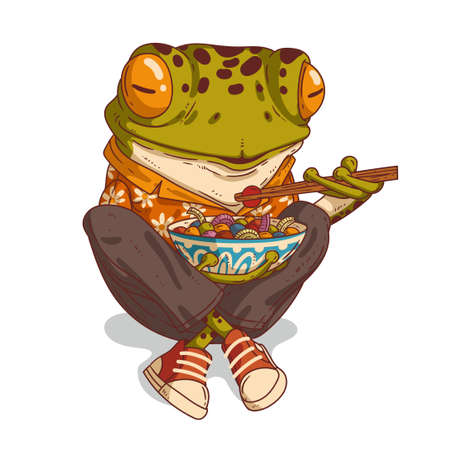 A lunch break, vector illustration. Calm hipster frog sitting with his legs crossed and eating multicolor dumplings with chopsticks from the patterned bowl. An animal character with a human bodyのイラスト素材