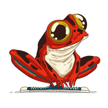 Red Exotic Frog, isolated vector illustration. Cute tropic froglet. Calm sitting poisonous frog wearing sneakers. A toxic froglet sitting on haunches and admiring something. Dangerous little frogのイラスト素材