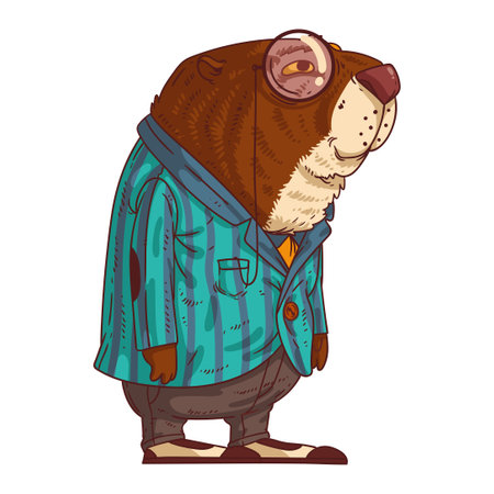 Stylish Beaver, isolated vector illustration. Calm trendy dressed anthropomorphic beaver standing in profile. A fancy guy. An elegant beaver, wearing a monocle. An animal character with a human bodyのイラスト素材