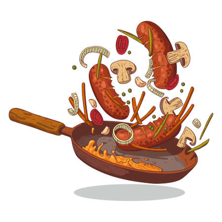 A Cooking Process, isolated vector illustration. A vivid picture of a frying pan in motion with sausages and vegetables frying on it.のイラスト素材