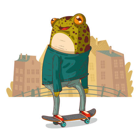 A Skateboarder, vector illustration. Anthropomorphic teenager frog in casual outfit riding a skateboard against the townscape. Young trendy dressed toad skater. An animal character with a human bodyのイラスト素材
