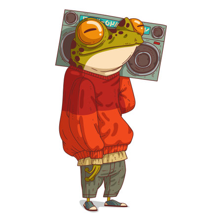 An Urban Guy, isolated vector illustration. Calm anthropomorphic frog wearing a street style outfit and holding a boombox on its shoulder. A humanized toad. An animal character with a human bodyのイラスト素材
