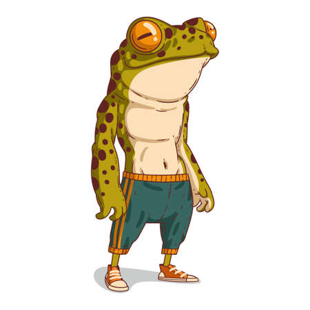 A Bodybuilder Frog, isolated vector illustration. Anthropomorphic frog guy in athletic shape standing topless. Young humanized toad sportsman after a workout. An animal character with a human bodyのイラスト素材