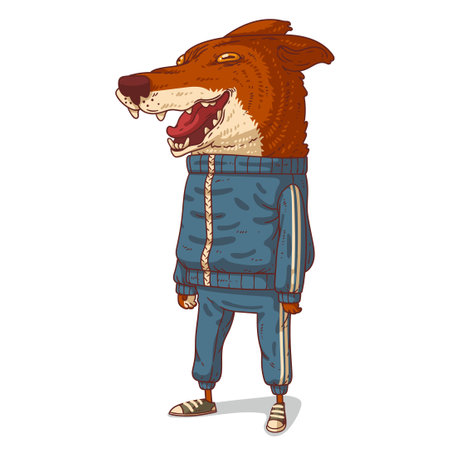 Happy Dog, isolated vector illustration. Funny anthropomorphic dog wearing a sport suit and laughing at something with his mouth open. A joyful humanized dog. An animal character with a human bodyのイラスト素材