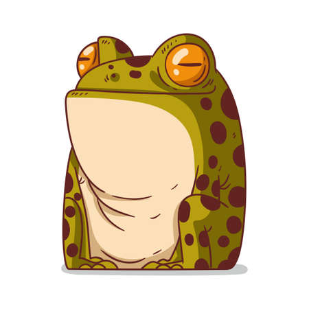 A Frog, isolated vector illustration. Cute cartoon picture for children of a froglet sitting. A funny squinting frog sticker. Simple drawing of a smiling toad on white background. An amphibianのイラスト素材