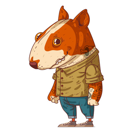 An Urban Dog, isolated vector illustration. Cartoon picture of a tattooed Bull Terrier wearing a casual outfit. Drawn animal sticker. An anthropomorphic dog on white background. trendy dressed animalのイラスト素材