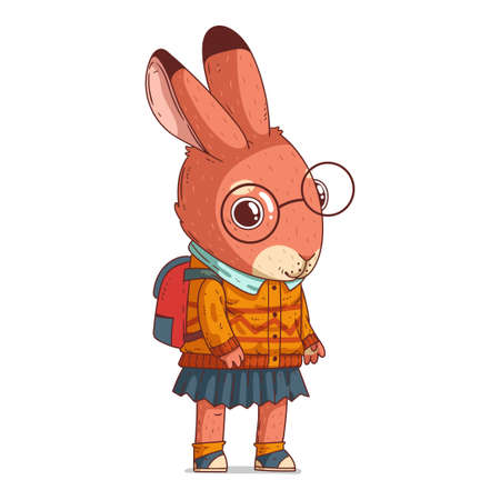 A Rabbit Girl, isolated vector illustration. Cute cartoon picture of a calm bunny pupil. A drawn animal sticker. Simple drawing of a hare on white background. A schoolgirl. An elementary school pupilのイラスト素材