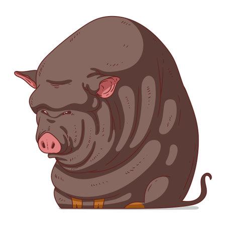 Big Vietnamese Black Pig, isolated vector illustration. Cartoon picture of a potbellied pig sitting. animal sticker. Simple drawing for kids of a hog on white background. A big black boar. Porkのイラスト素材