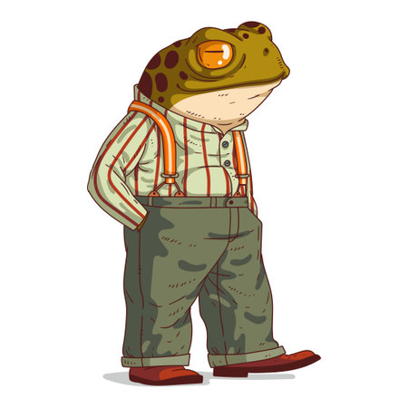 An Urban Guy, isolated vector illustration. Dressed frog person. A toad with a human body in a casual retro outfit on white background. Drawn sticker. Calm animal character watching something.のイラスト素材