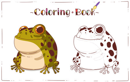 A Frog, Coloring Sheet. Cartoon outline picture of smiling toad with colored example. Horizontal color book page. Contour illustration for children's preschool education. Home activity for a kidのイラスト素材