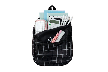 School bag with stationery isolated on white background. Back to schoolの写真素材