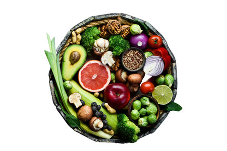 Vegetables and fruits in a basket isolated on a white backgroundの写真素材
