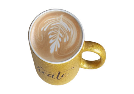 Coffee cup with latte art isolated on white background.の写真素材