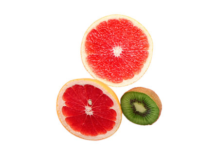 Grapefruit, kiwi and grapefruit isolated on white backgroundの写真素材