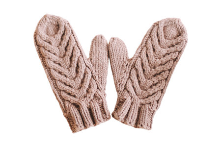Warm knitted scarf and mittens isolated on white background. Female accessory.の写真素材