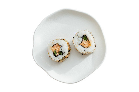 Sushi roll with salmon and cucumber isolated on white background.の写真素材