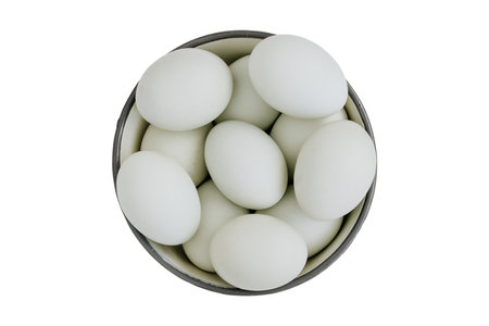 Eggs in a tin can isolated on a white background.の写真素材
