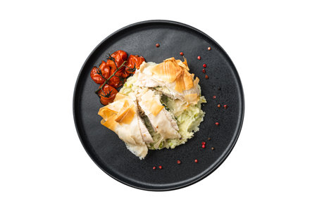 Chicken fillet with rice and vegetables on a black plate isolated on white background