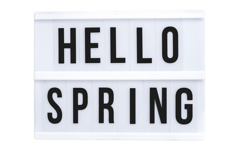 Lightbox with the text Hello Spring on a white background, isolatedの写真素材