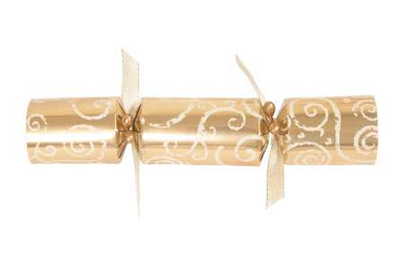 Golden gift box tied with ribbon and bow isolated on white background.の写真素材