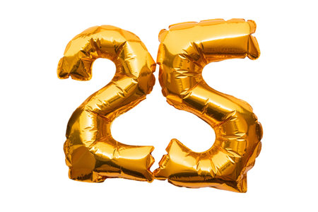 Number 25 twenty three made of golden inflatable balloon isolated on white backgroundの写真素材