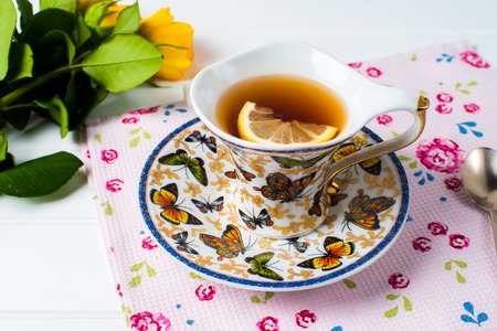 A cup of tea on the tableの写真素材