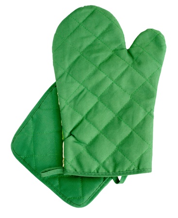 Green heat protective mitten isolated on whiteの写真素材