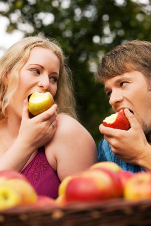 Couple (man and woman) eating freshly harvested apples - in front of them a basket with lots of fresh fruitの写真素材