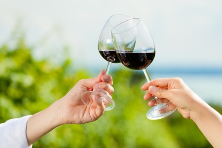 Happy couple - man and woman, only hands to be seen - drinking wine at lake in summerの写真素材