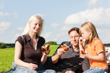 Family - father, mother and daughter child - having a picnic on a green meadow on a beautiful and bright summer dayの写真素材