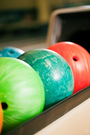 Bowling balls in a bowling alley の写真素材