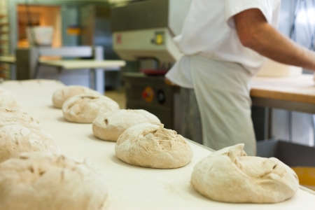 Male baker baking fresh bread in the bakehouse