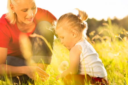 Family summer - blowing dandelion seeds in sunshineの写真素材