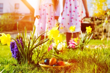 Children on an Easter Egg hunt on a meadow in spring, in the foreground is a basket with eggsの写真素材