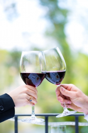 Clink with red wine glasses outside on the terrace in a fine dining restaurantの写真素材