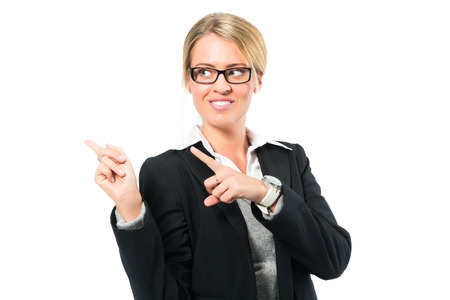 Young woman in front of white background, maybe she is a businesswoman or laywerの写真素材