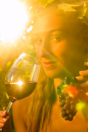 Woman with glass of wine in the vineyard with sunshineの写真素材