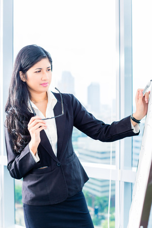 Asian Business woman drawing on flipchartの写真素材