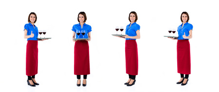 Asian waitress with wine on a tray, compositing of four scenes, isolated on white backgroundの写真素材