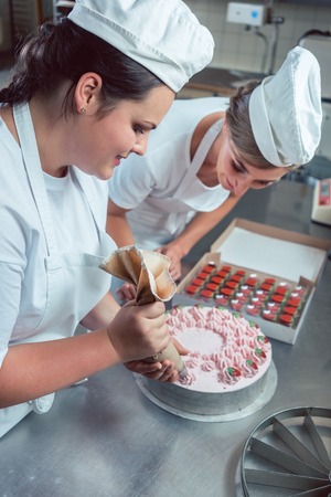 Confectioner women putting cream on cake finishing the pastryの写真素材