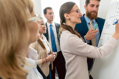 Side view of an intelligent female business expert conducting a SWOT analysis during an interactive meeting between the decision makers of a successful companyの写真素材