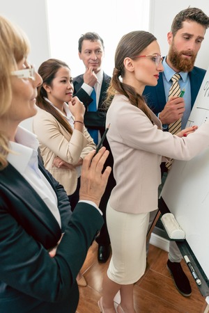 Side view of an intelligent female business expert conducting a SWOT analysis during an interactive...